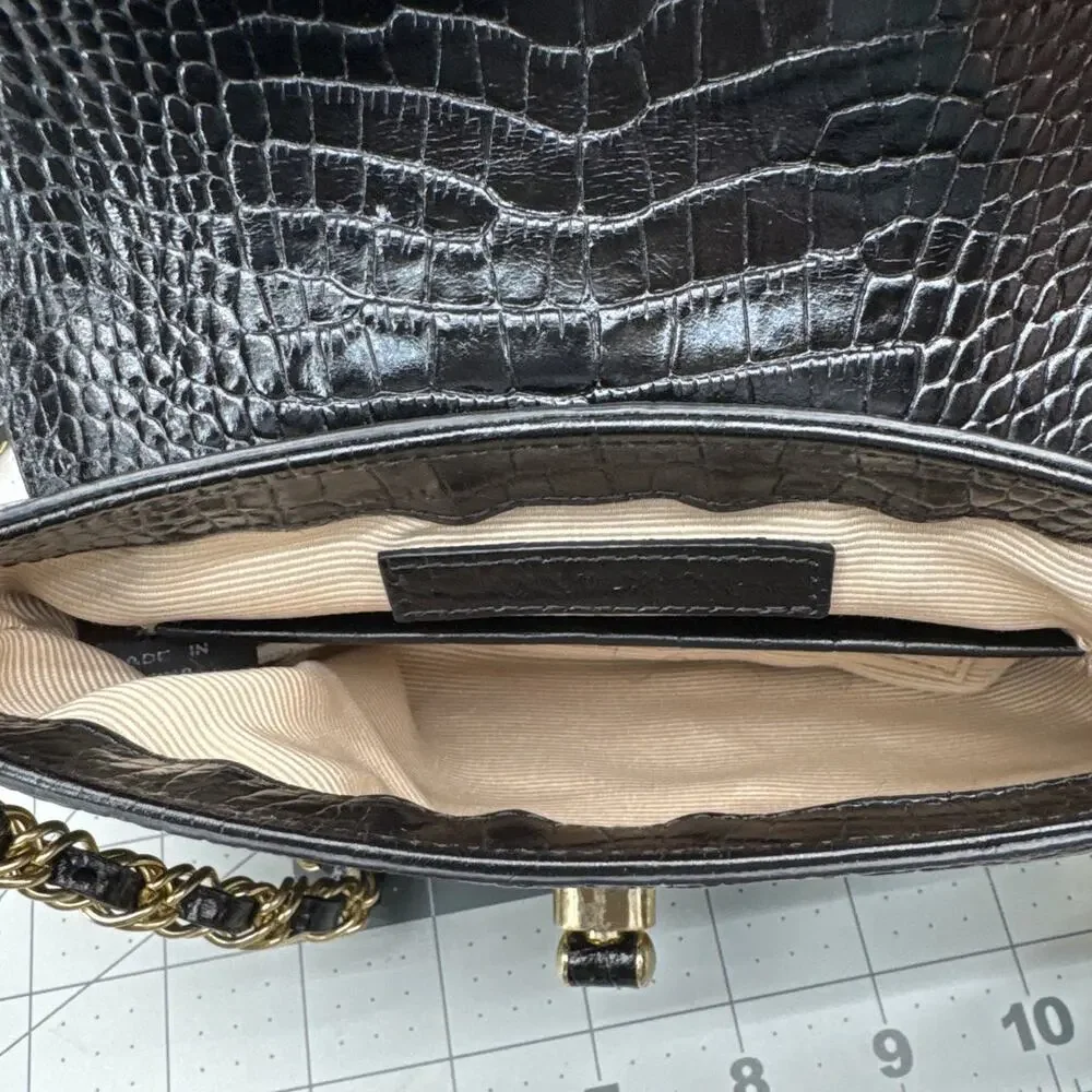 Ann Taylor Black Leather Croc-Embossed Gold Chain Small Shoulder Bag
